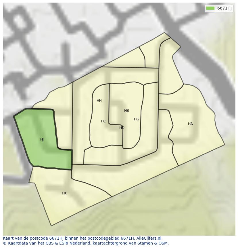 Afbeelding van het postcodegebied 6671 HJ op de kaart.