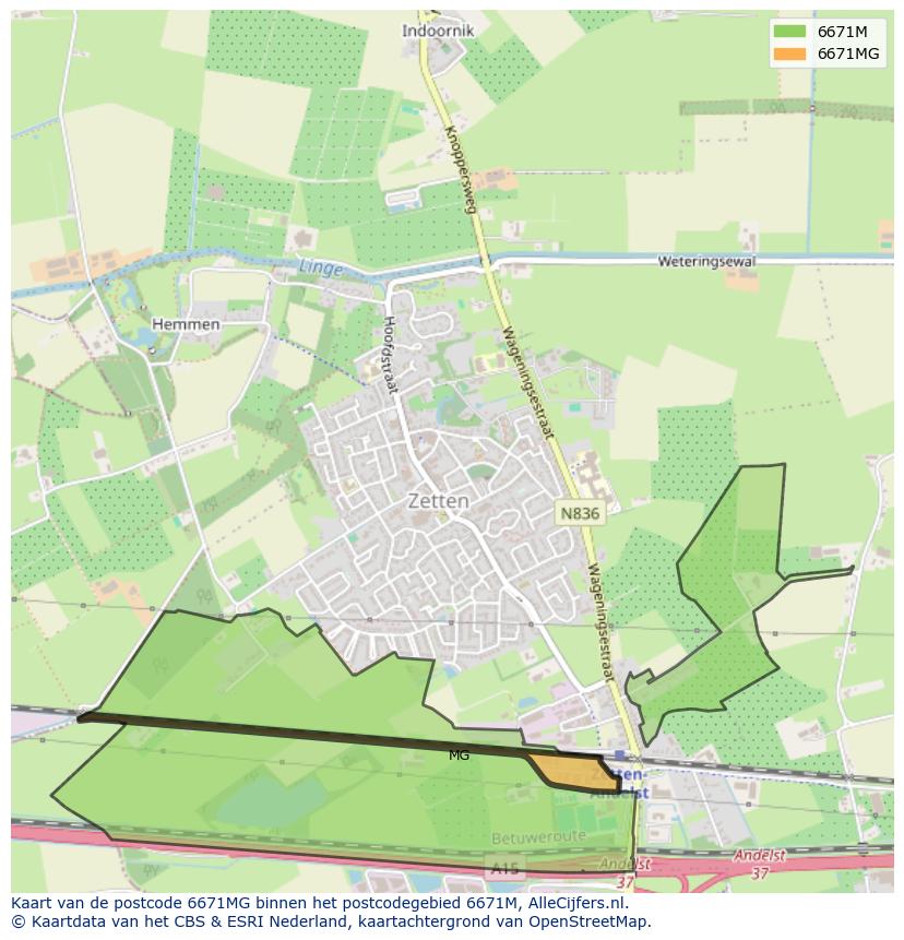 Afbeelding van het postcodegebied 6671 MG op de kaart.