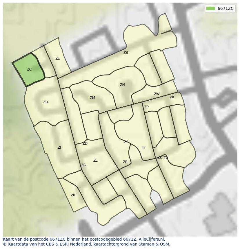 Afbeelding van het postcodegebied 6671 ZC op de kaart.
