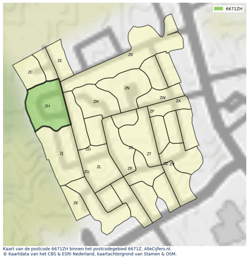 Afbeelding van het postcodegebied 6671 ZH op de kaart.