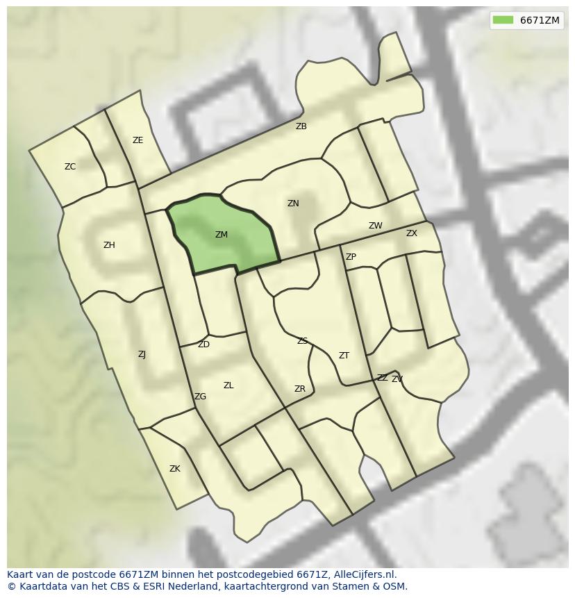 Afbeelding van het postcodegebied 6671 ZM op de kaart.