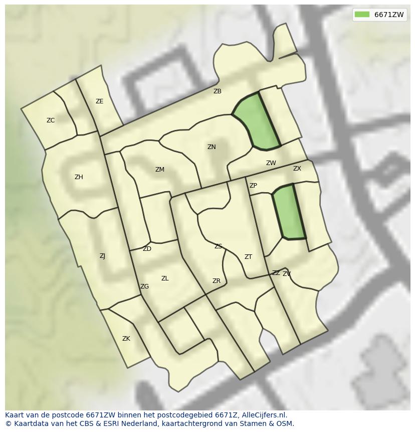 Afbeelding van het postcodegebied 6671 ZW op de kaart.