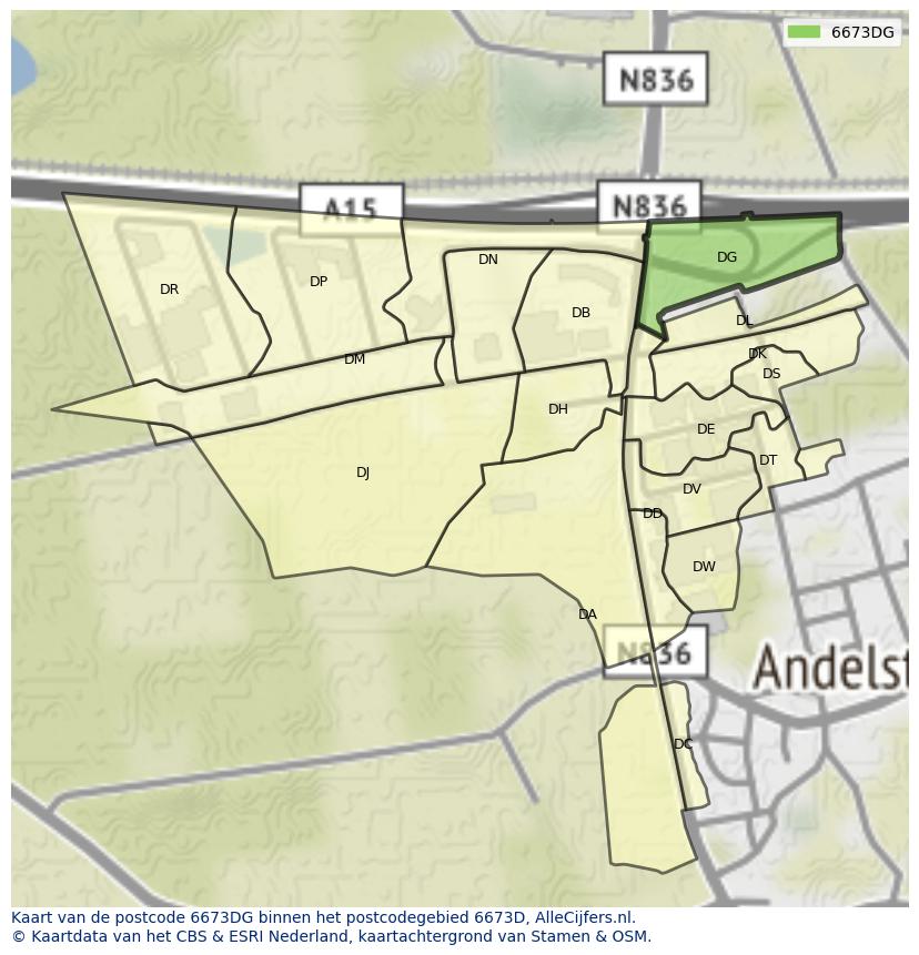 Afbeelding van het postcodegebied 6673 DG op de kaart.
