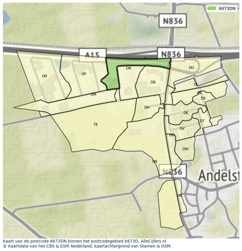Afbeelding van het postcodegebied 6673 DN op de kaart.