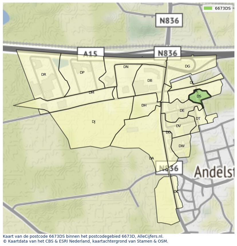 Afbeelding van het postcodegebied 6673 DS op de kaart.