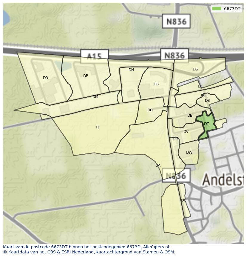 Afbeelding van het postcodegebied 6673 DT op de kaart.