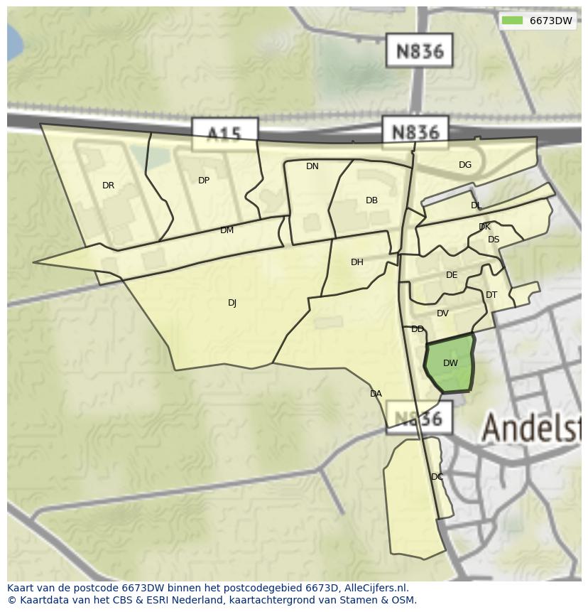 Afbeelding van het postcodegebied 6673 DW op de kaart.