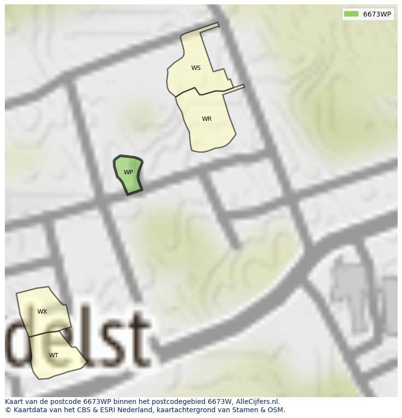 Afbeelding van het postcodegebied 6673 WP op de kaart.