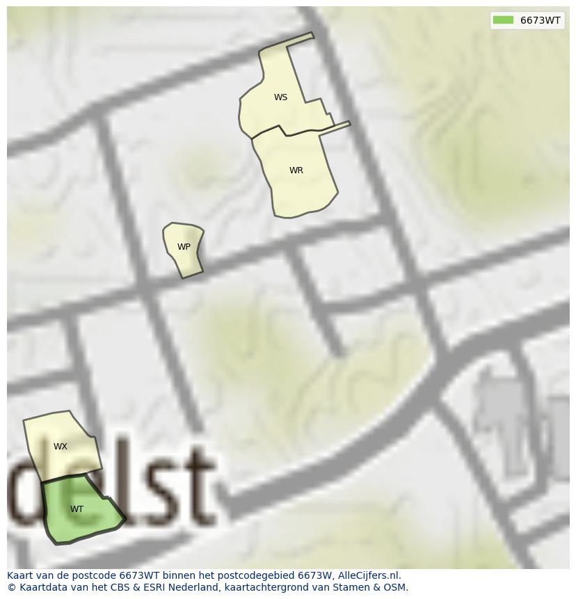 Afbeelding van het postcodegebied 6673 WT op de kaart.