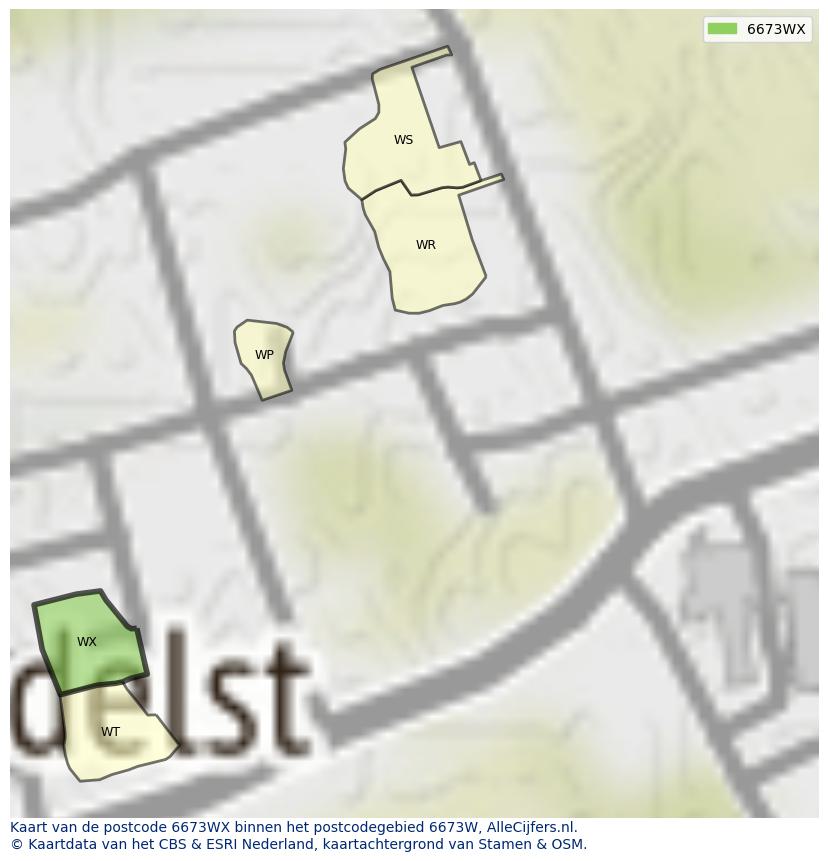 Afbeelding van het postcodegebied 6673 WX op de kaart.