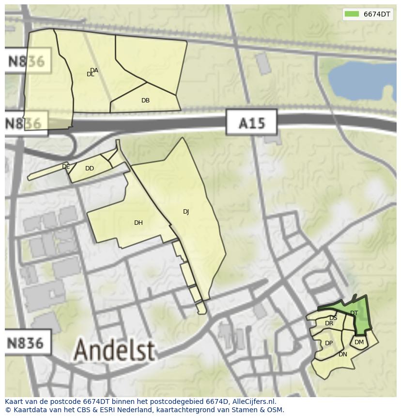 Afbeelding van het postcodegebied 6674 DT op de kaart.