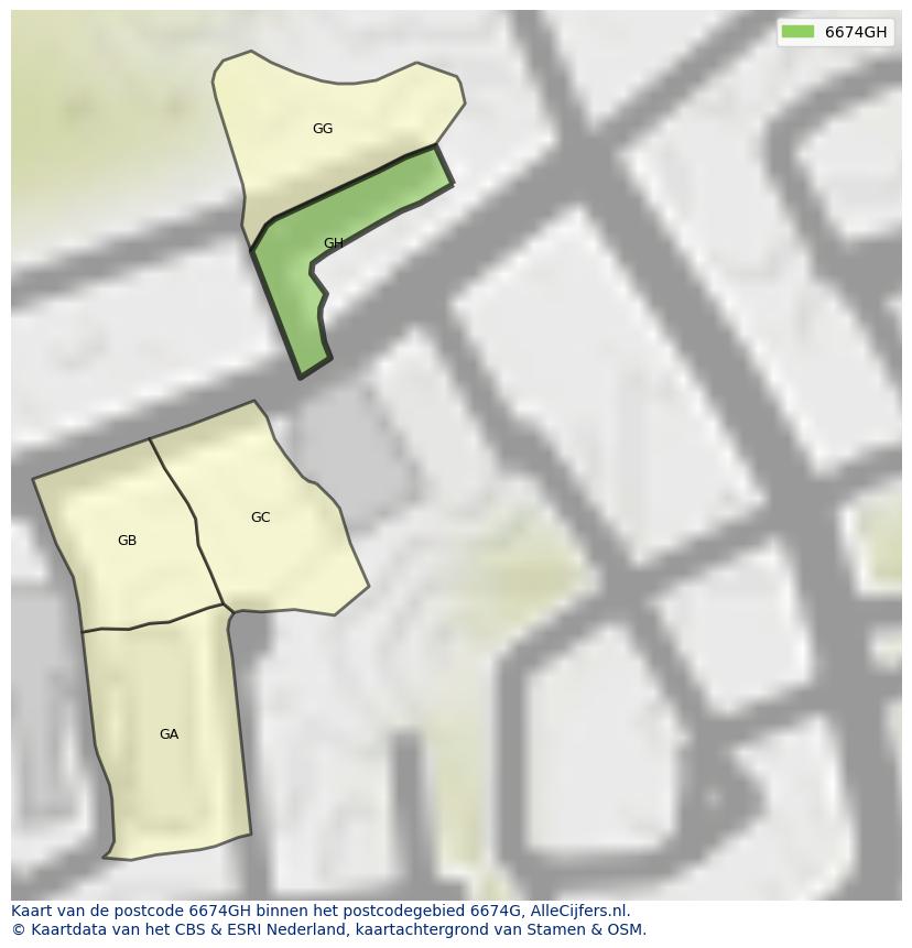 Afbeelding van het postcodegebied 6674 GH op de kaart.