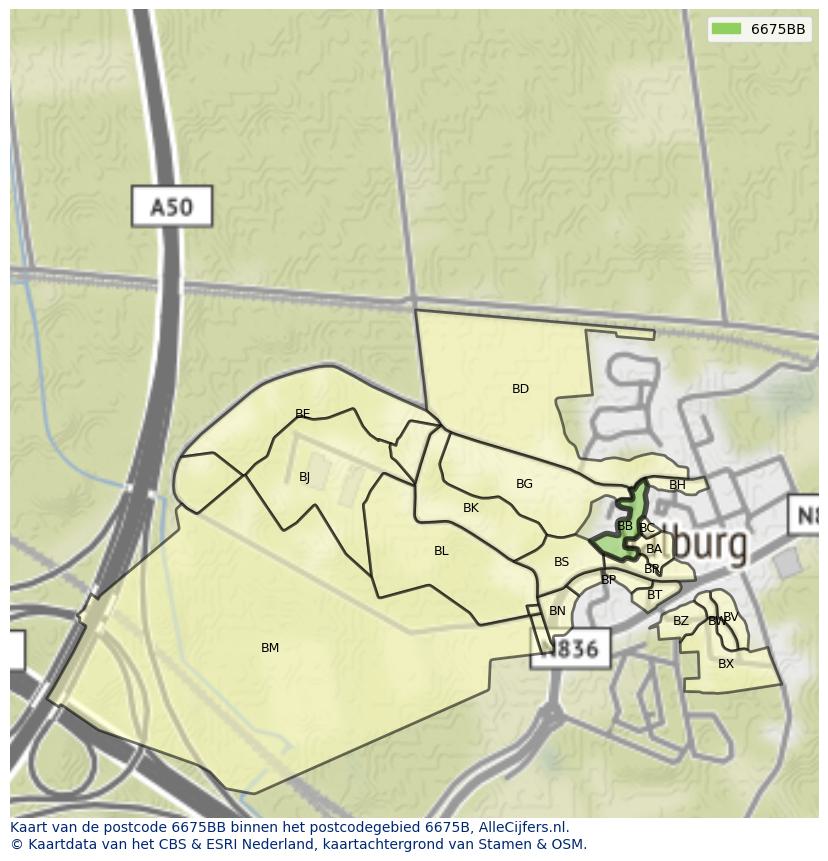 Afbeelding van het postcodegebied 6675 BB op de kaart.