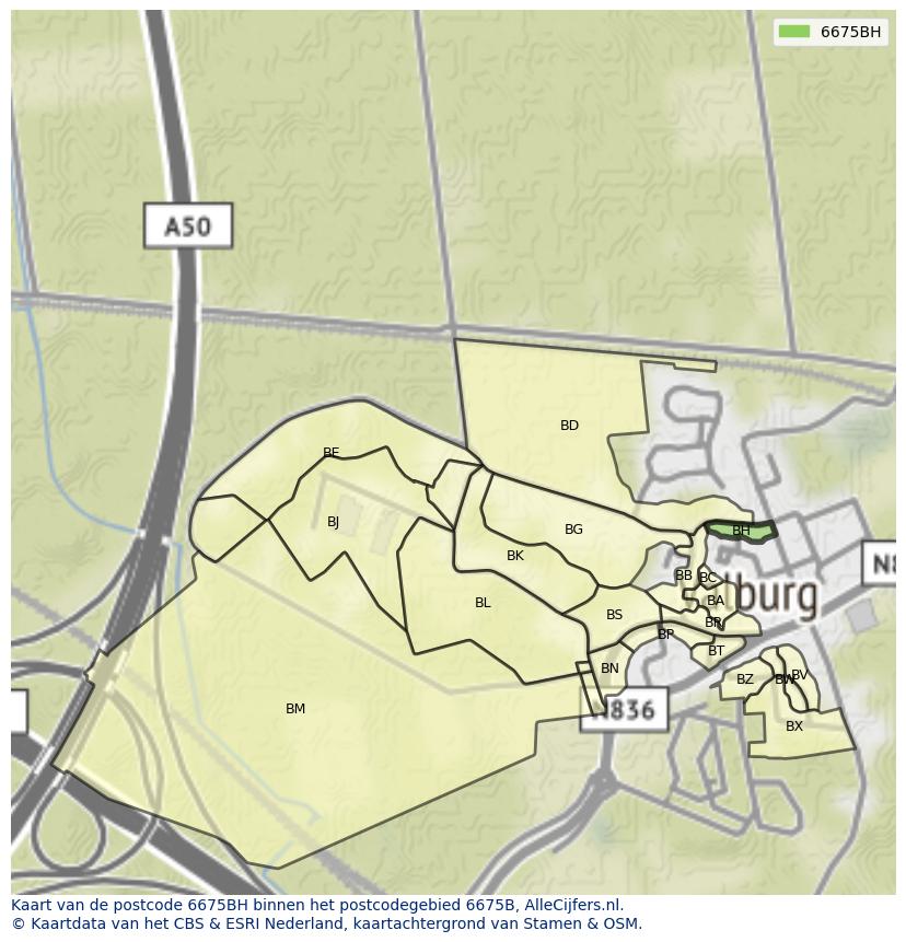 Afbeelding van het postcodegebied 6675 BH op de kaart.