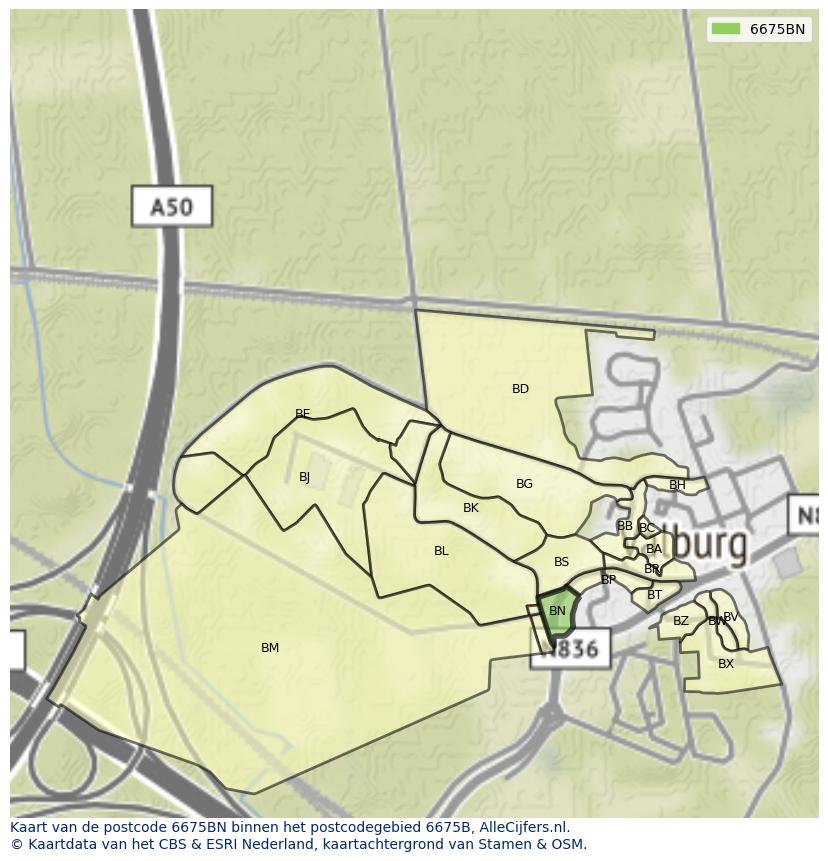 Afbeelding van het postcodegebied 6675 BN op de kaart.