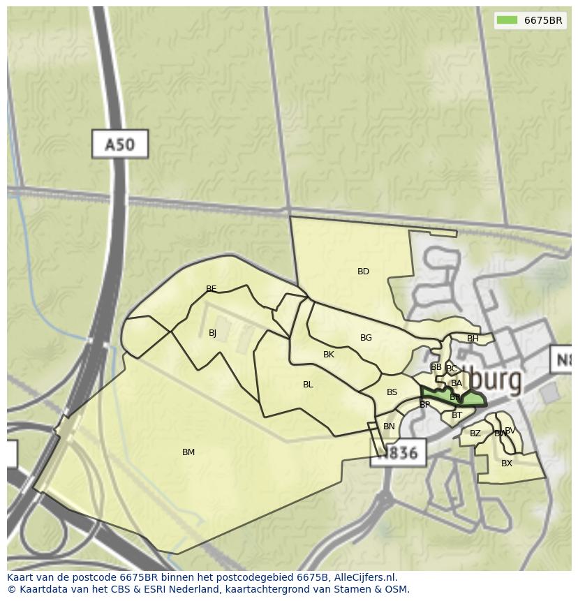 Afbeelding van het postcodegebied 6675 BR op de kaart.