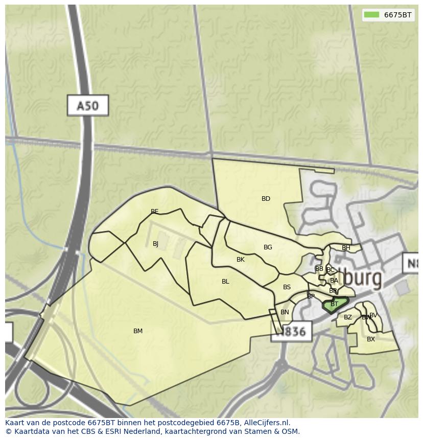 Afbeelding van het postcodegebied 6675 BT op de kaart.