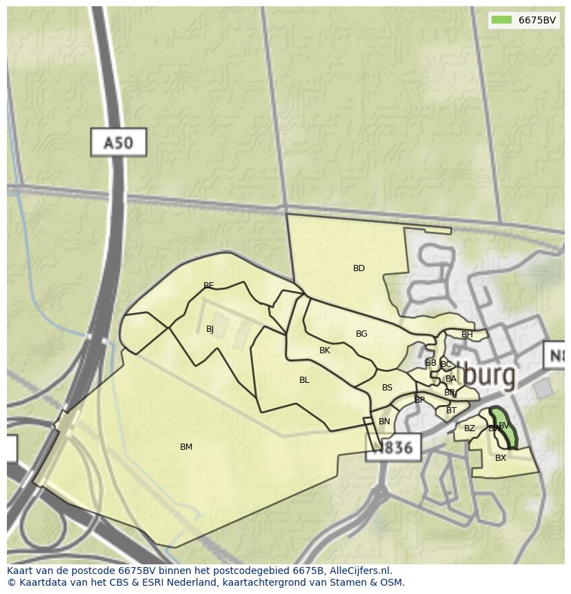 Afbeelding van het postcodegebied 6675 BV op de kaart.
