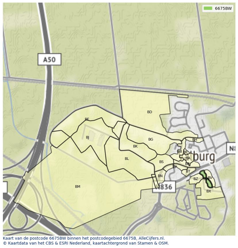 Afbeelding van het postcodegebied 6675 BW op de kaart.