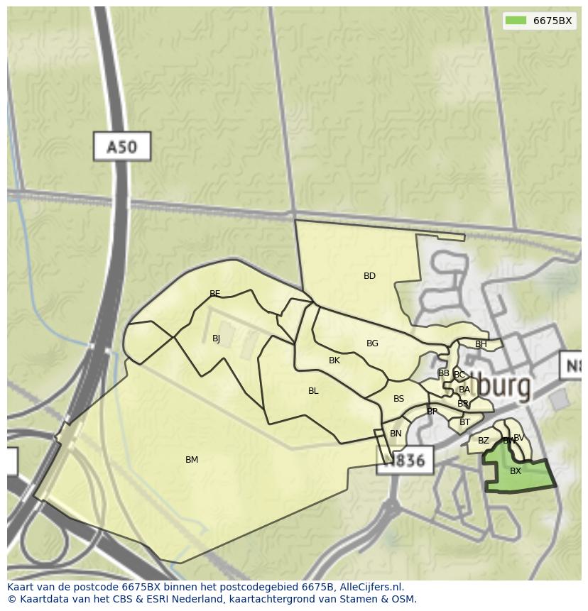 Afbeelding van het postcodegebied 6675 BX op de kaart.