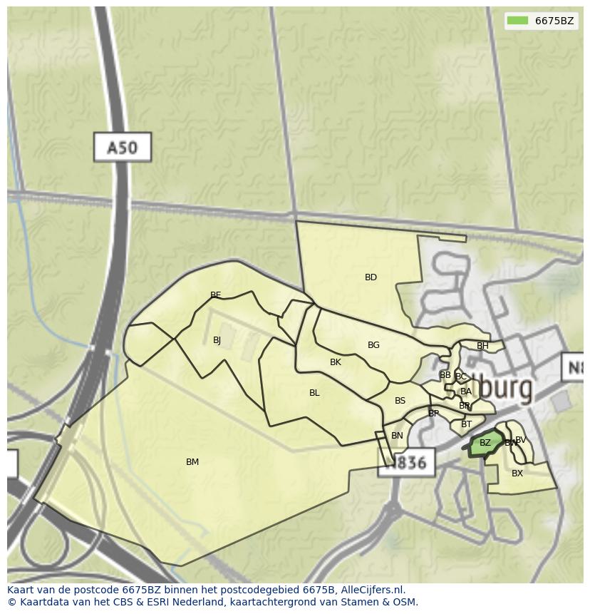 Afbeelding van het postcodegebied 6675 BZ op de kaart.