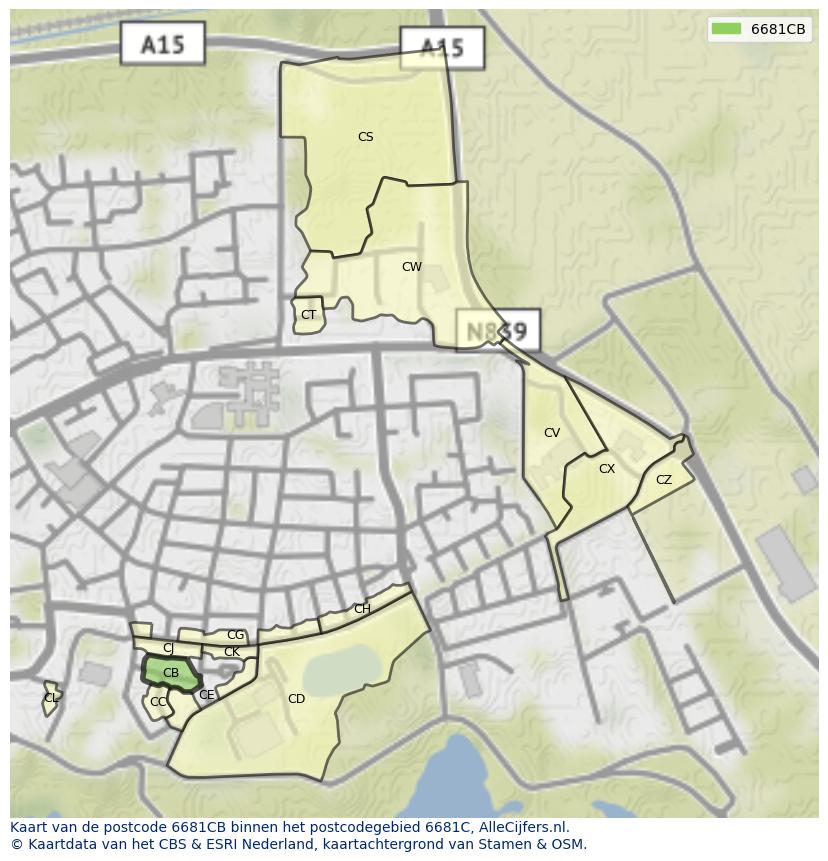 Afbeelding van het postcodegebied 6681 CB op de kaart.
