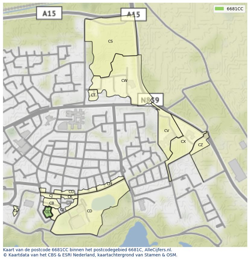Afbeelding van het postcodegebied 6681 CC op de kaart.