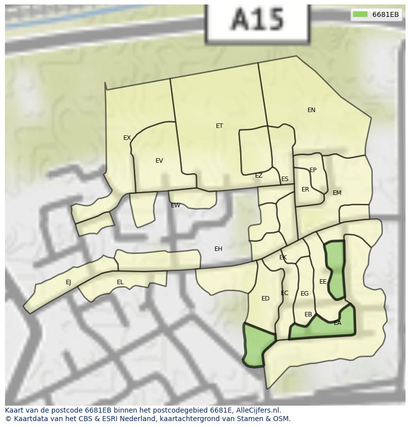 Afbeelding van het postcodegebied 6681 EB op de kaart.