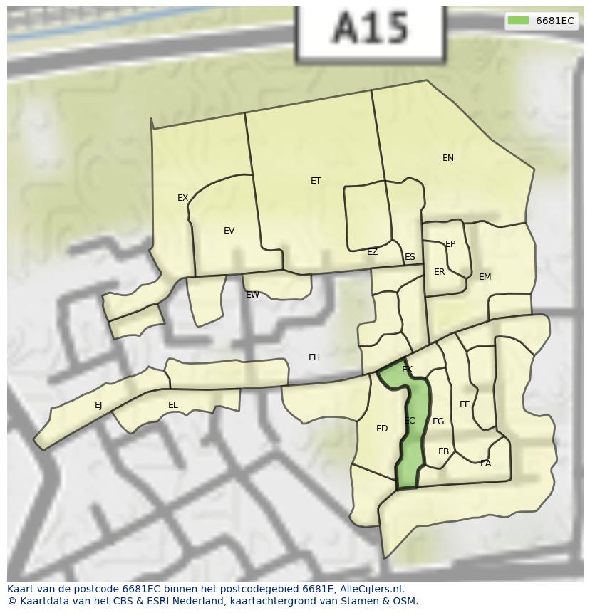 Afbeelding van het postcodegebied 6681 EC op de kaart.
