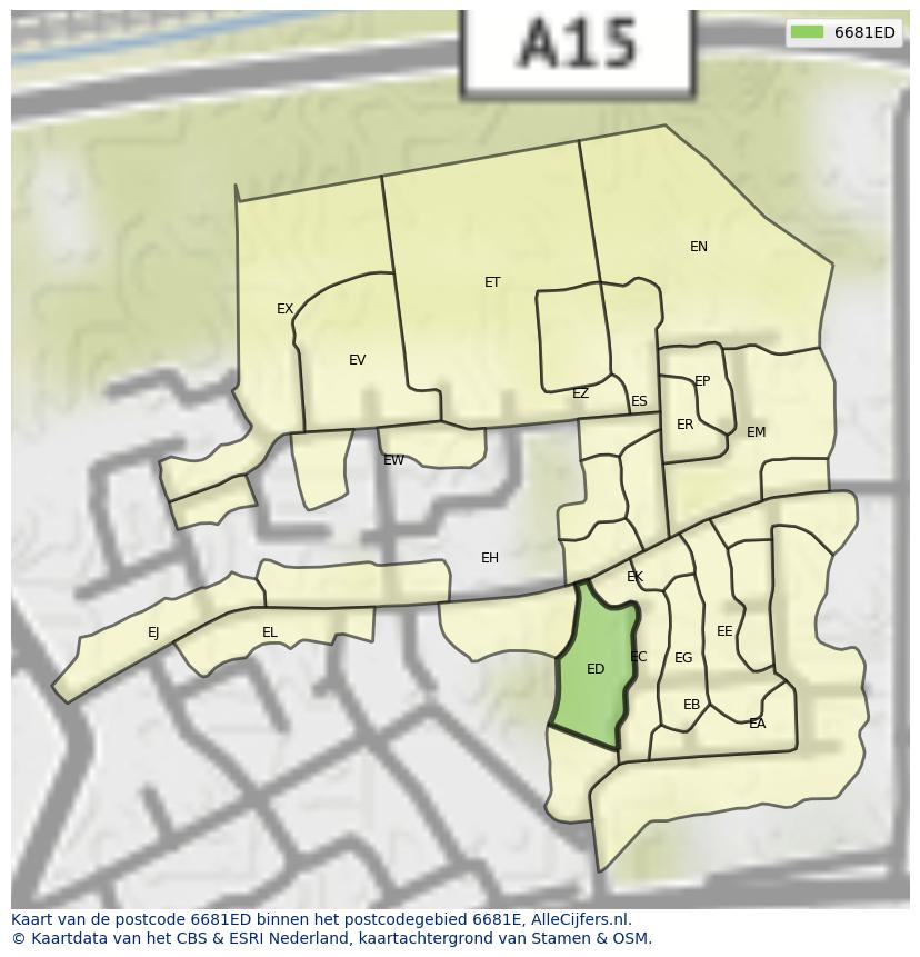 Afbeelding van het postcodegebied 6681 ED op de kaart.