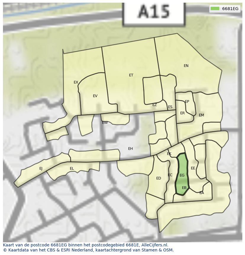 Afbeelding van het postcodegebied 6681 EG op de kaart.