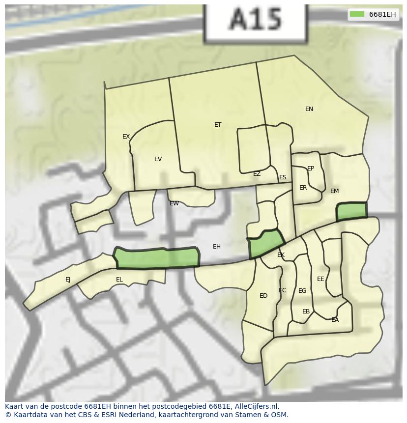 Afbeelding van het postcodegebied 6681 EH op de kaart.