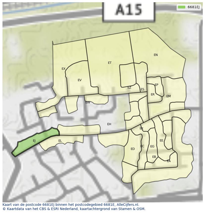 Afbeelding van het postcodegebied 6681 EJ op de kaart.