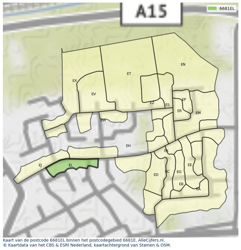 Afbeelding van het postcodegebied 6681 EL op de kaart.