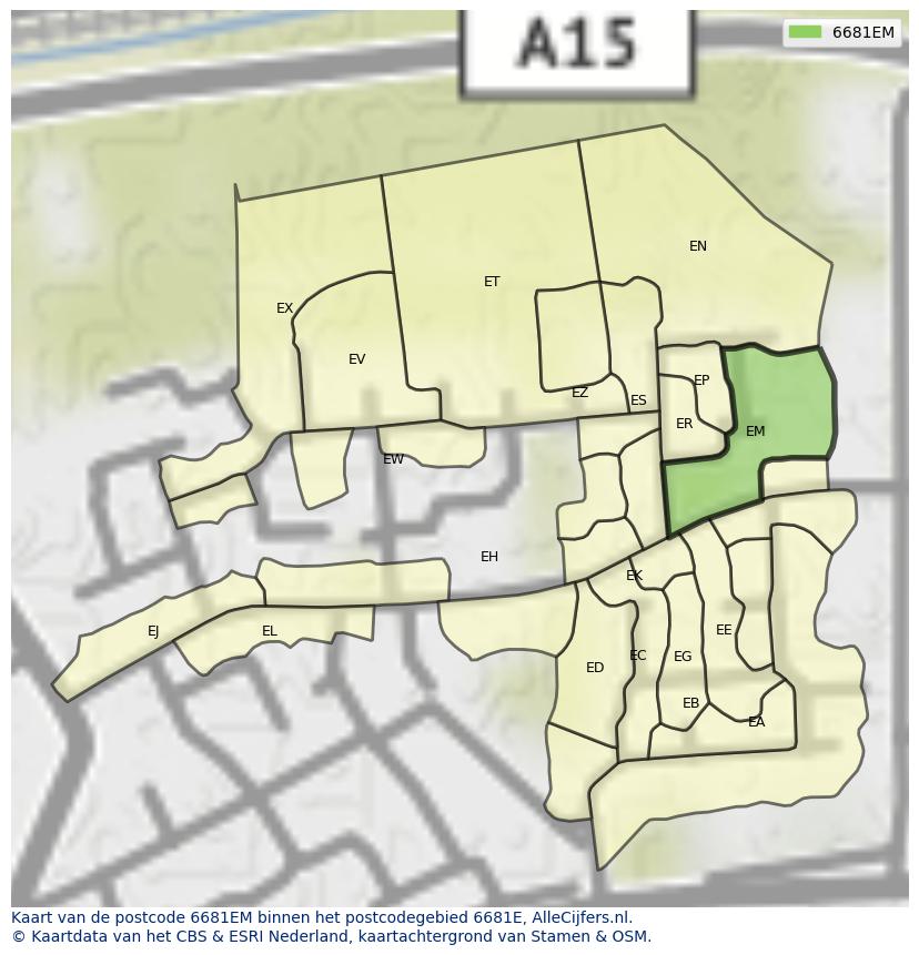 Afbeelding van het postcodegebied 6681 EM op de kaart.