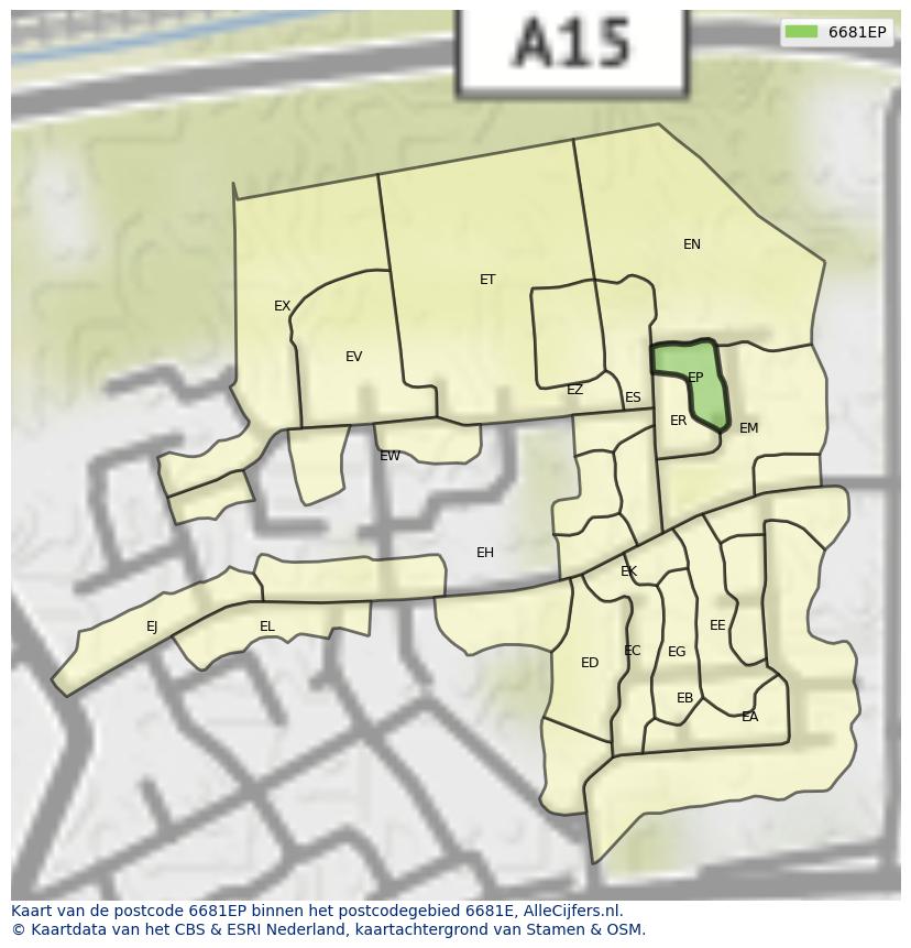 Afbeelding van het postcodegebied 6681 EP op de kaart.