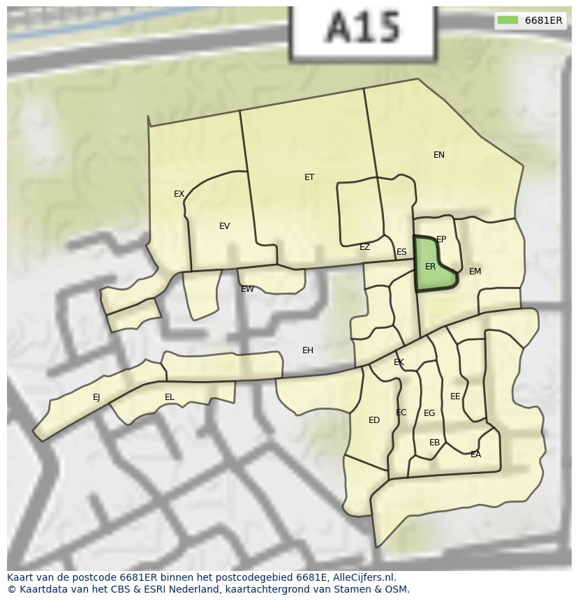 Afbeelding van het postcodegebied 6681 ER op de kaart.