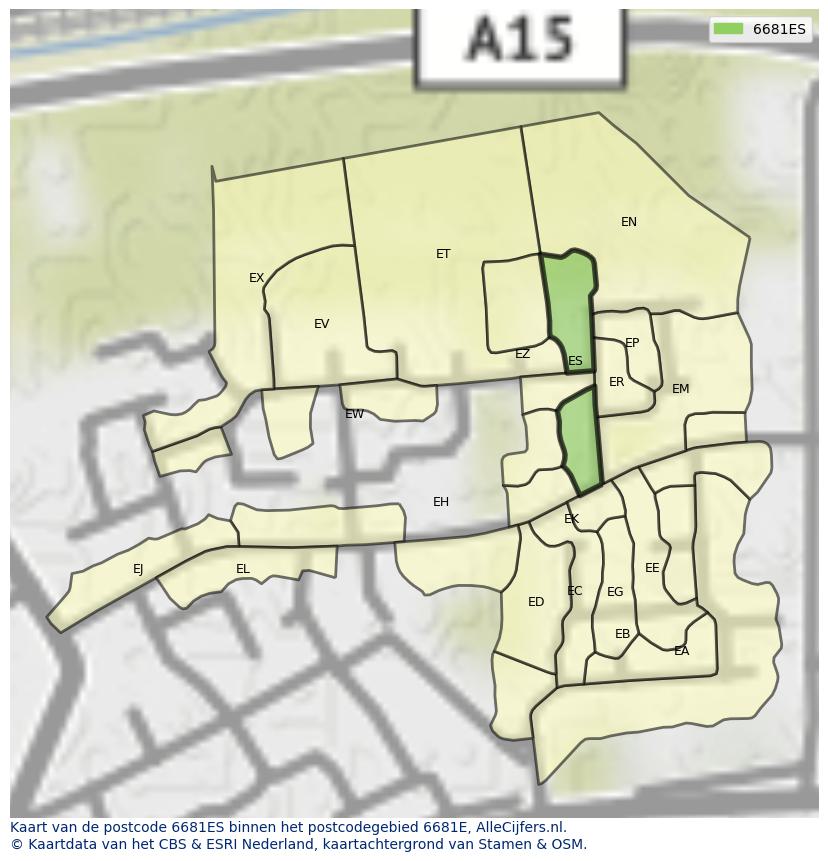 Afbeelding van het postcodegebied 6681 ES op de kaart.