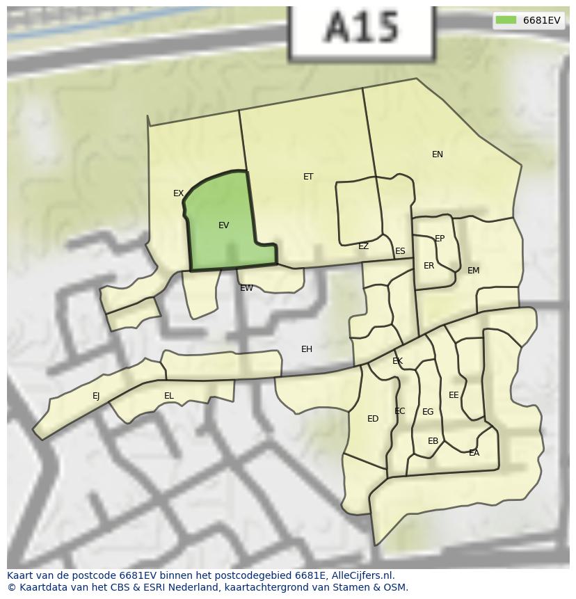 Afbeelding van het postcodegebied 6681 EV op de kaart.