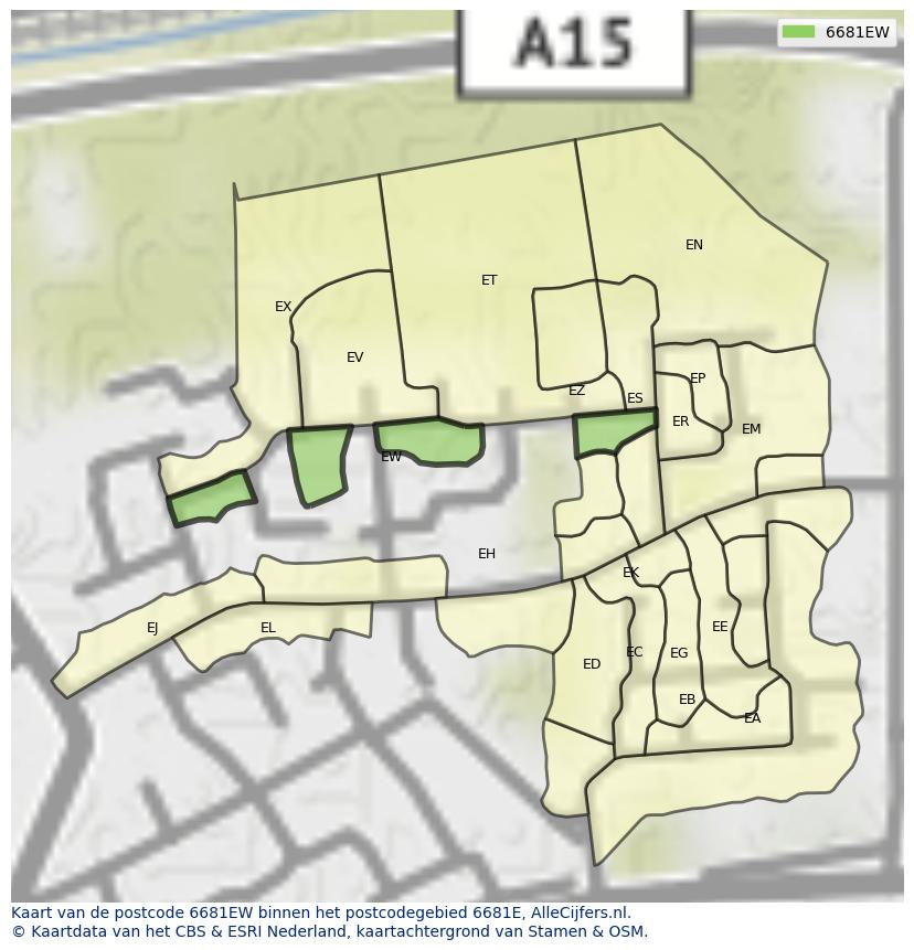 Afbeelding van het postcodegebied 6681 EW op de kaart.