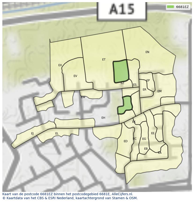 Afbeelding van het postcodegebied 6681 EZ op de kaart.