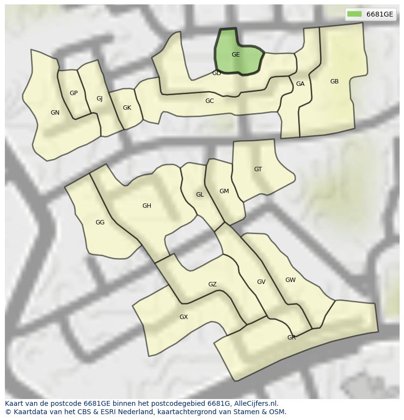 Afbeelding van het postcodegebied 6681 GE op de kaart.
