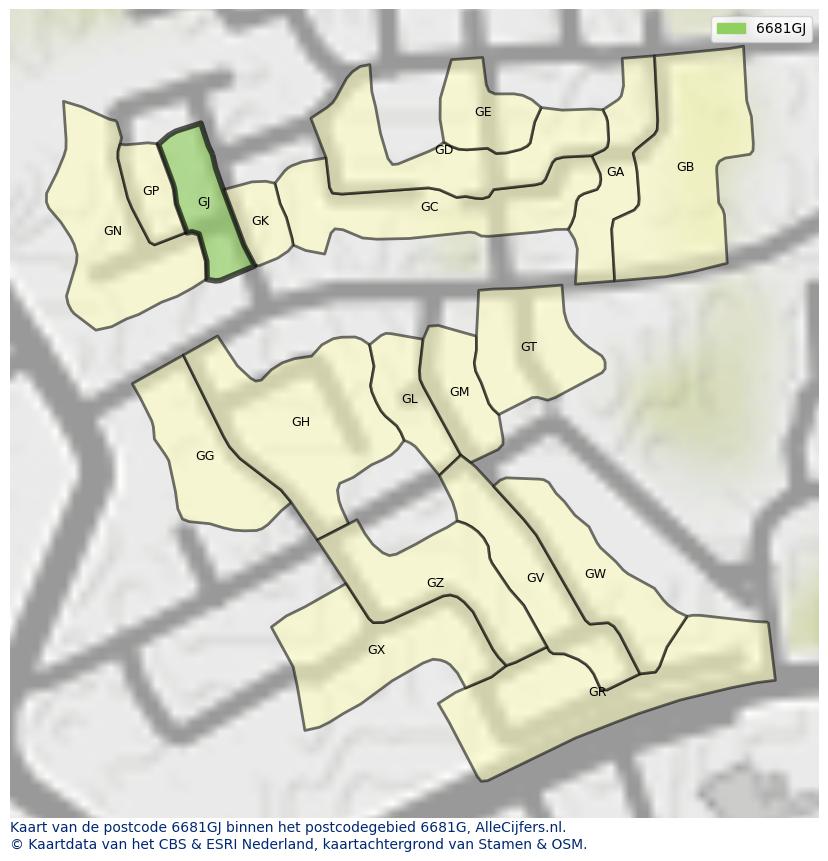 Afbeelding van het postcodegebied 6681 GJ op de kaart.