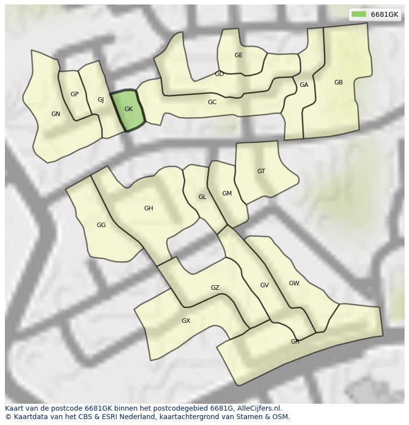 Afbeelding van het postcodegebied 6681 GK op de kaart.
