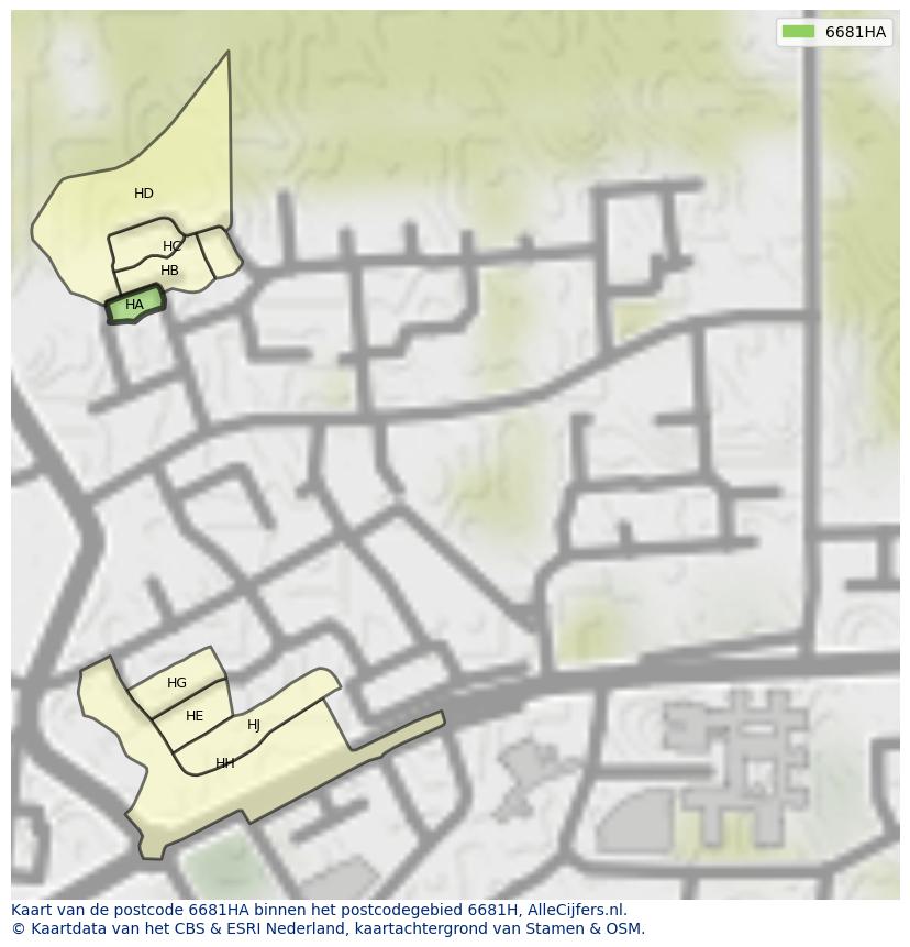 Afbeelding van het postcodegebied 6681 HA op de kaart.