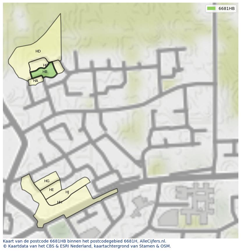 Afbeelding van het postcodegebied 6681 HB op de kaart.