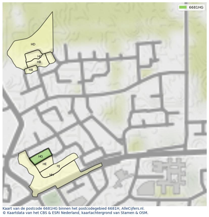 Afbeelding van het postcodegebied 6681 HG op de kaart.