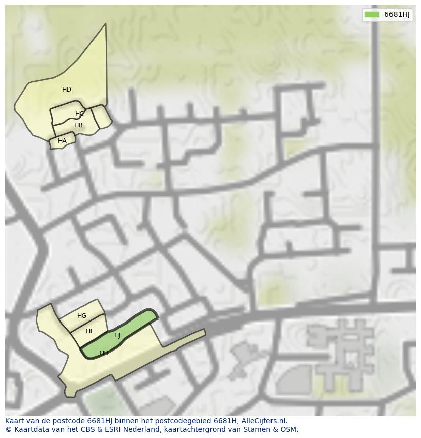 Afbeelding van het postcodegebied 6681 HJ op de kaart.