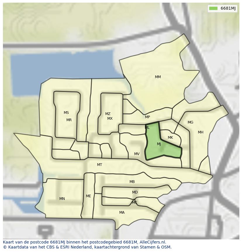 Afbeelding van het postcodegebied 6681 MJ op de kaart.