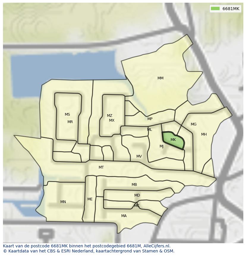 Afbeelding van het postcodegebied 6681 MK op de kaart.